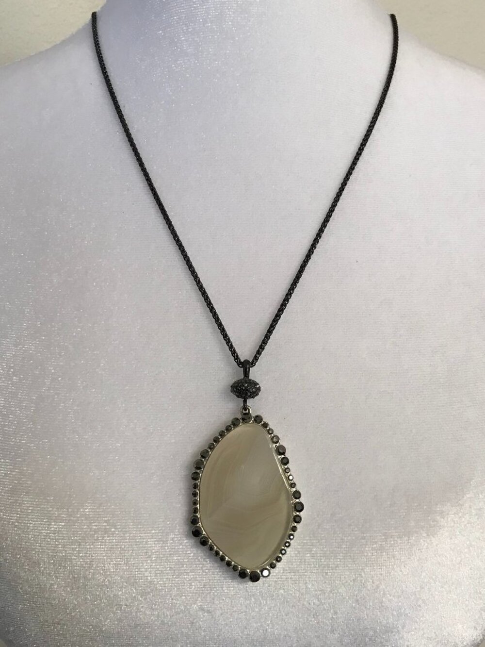 Lucky Brand Banded Agate Look Teardrop Pendant Necklace Adjustable Gunmetal Boho